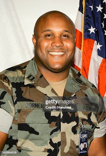 In this handout picture provided by Los Angeles Police Department , the alleged suspect Christopher Dorner is seen on February 7, 2013 in Los...