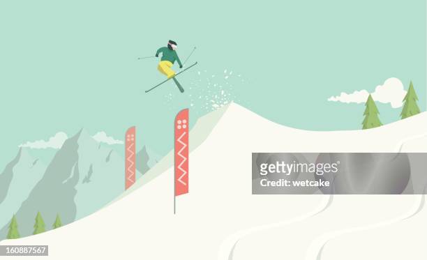 ilustraciones, imágenes clip art, dibujos animados e iconos de stock de salto de esquí estilo libre - freestyle skiing