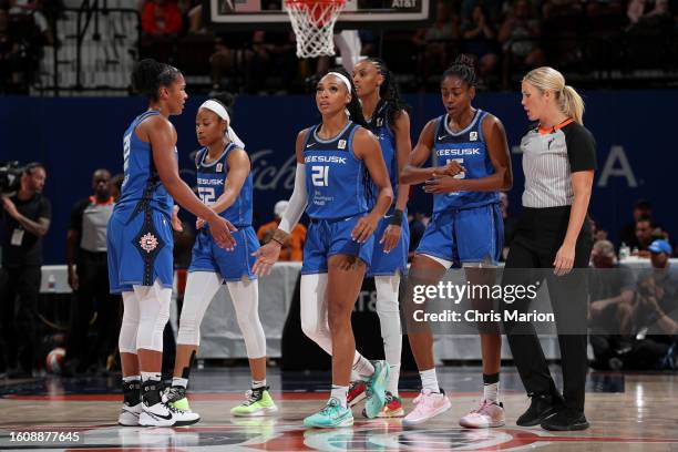 The Connecticut Sun look on during the game against the Dallas Wings on August 18, 2023 at the Mohegan Sun Arena in Uncasville, Connecticut. NOTE TO...