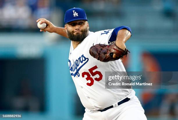 Lance Lynn of the Los Angeles Dodgers throws against the Colorado Rockies in the first inning at Dodger Stadium on August 11, 2023 in Los Angeles,...