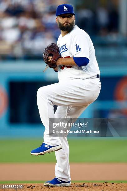 Lance Lynn of the Los Angeles Dodgers throws against the Colorado Rockies in the first inning at Dodger Stadium on August 11, 2023 in Los Angeles,...