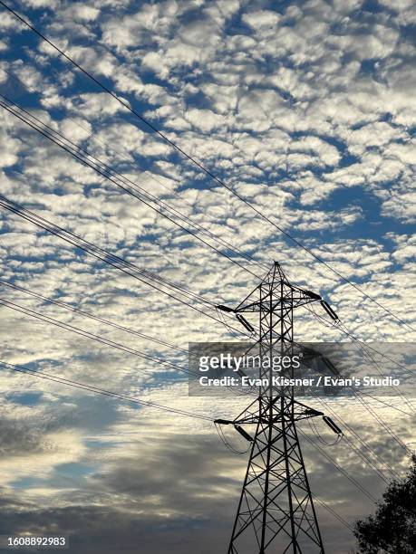 transmission tower illuminated against dramaticdusksky - evan kissner stock pictures, royalty-free photos & images