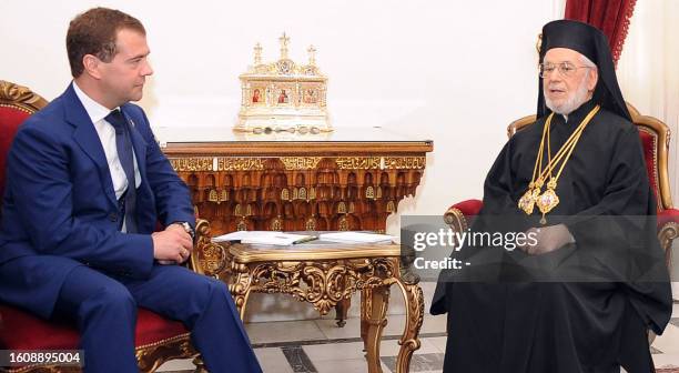 Orthodox Patriarch of Antioch and the whole East, Ignatius Hazim IV , meets with Russian President Dmitry Medvedev in the old city of Damascus on May...