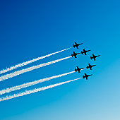 Fighter planes in airshow on blue sky