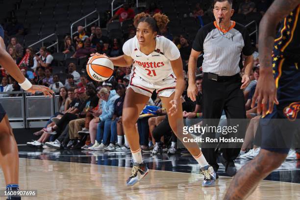 Tianna Hawkins of the Washington Mystics dribbles the ball during the game against the Indiana Fever on August 18, 2023 at Gainbridge Fieldhouse in...