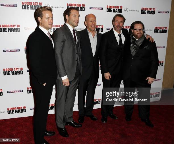 Producer Alex Young, actors Jai Courtney, Bruce Willis and Sebastian Koch, and director John Moore attend the UK Premiere of 'A Good Day To Die Hard'...