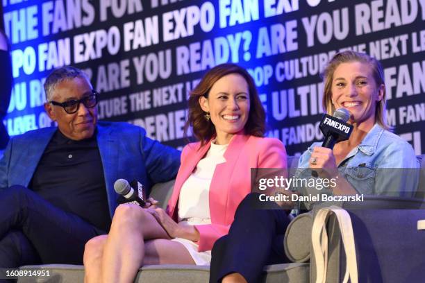 Giancarlo Esposito, Emily Swallow and Katee Sackhoff speak on stage during FAN EXPO Chicago at Donald E. Stephens Convention Center on August 11,...