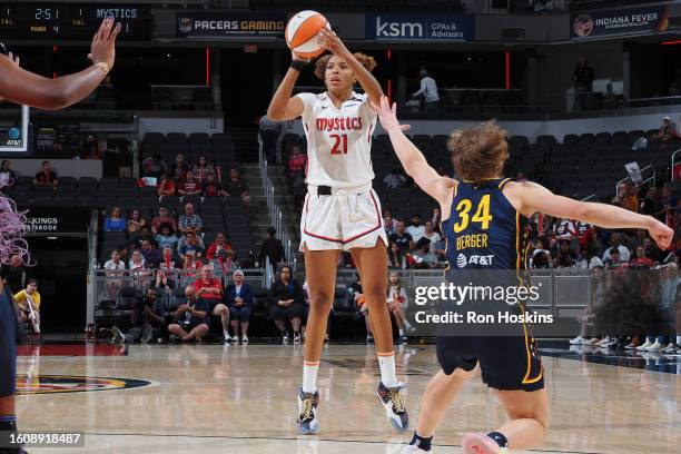 Tianna Hawkins of the Washington Mystics shoots the ball during the game against the Indiana Fever on August 18, 2023 at Gainbridge Fieldhouse in...