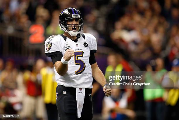 Joe Flacco of the Baltimore Ravens reacts against the San Francisco 49ers during Super Bowl XLVII at the Mercedes-Benz Superdome on February 3, 2013...