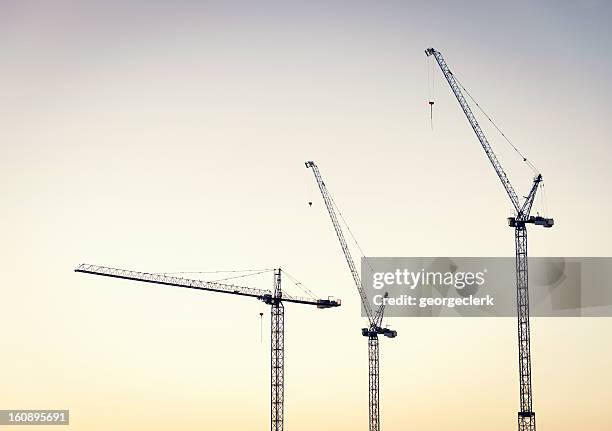 construction cranes at dawn - construction cranes stockfoto's en -beelden