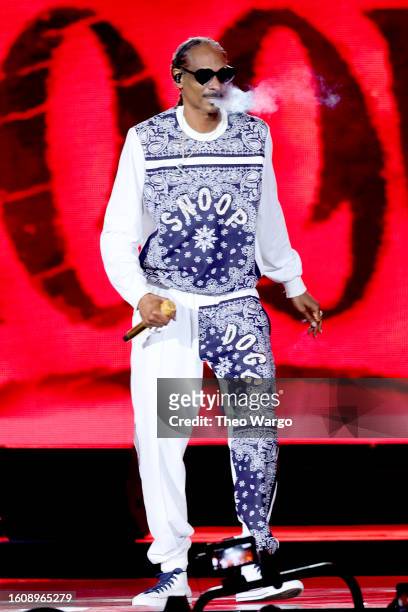 Snoop Dogg performs onstage during Hip Hop 50 Live at Yankee Stadium on August 11, 2023 in New York City.