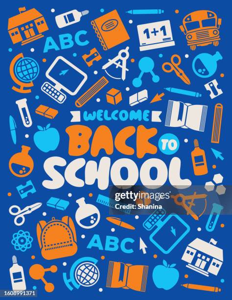 ilustraciones, imágenes clip art, dibujos animados e iconos de stock de volador/póster de regreso a clases - fondo azul - back to school