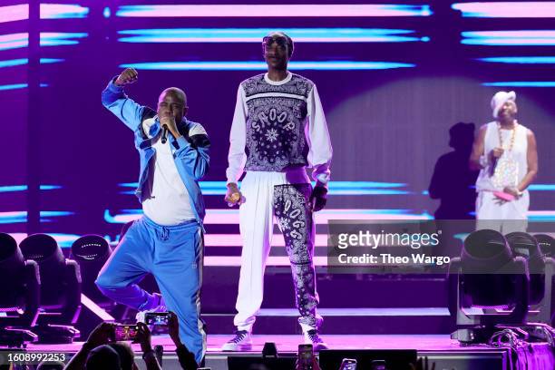 Doug E. Fresh, Snoop Dogg and Slick Rick perform onstage during Hip Hop 50 Live at Yankee Stadium on August 11, 2023 in New York City.