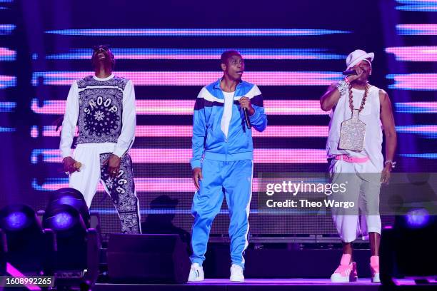 Snoop Dogg, Doug E. Fresh and Slick Rick perform onstage during Hip Hop 50 Live at Yankee Stadium on August 11, 2023 in New York City.