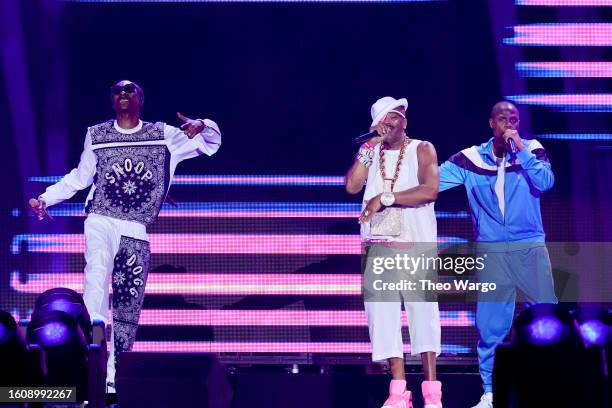 Snoop Dogg, Slick Rick and Doug E. Fresh perform onstage during Hip Hop 50 Live at Yankee Stadium on August 11, 2023 in New York City.