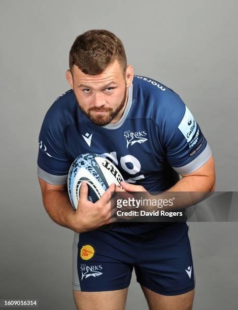 Luke Cowan-Dickie of Sale Sharks poses for a portrait during the squad photocall for the 2023-2024 Gallagher Premiership Rugby season at Carrington...