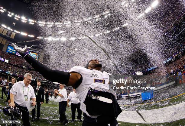 Ray Lewis of the Baltimore Ravens celebrates after the Ravens won 34-31 against the San Francisco 49ers during Super Bowl XLVII at the Mercedes-Benz...