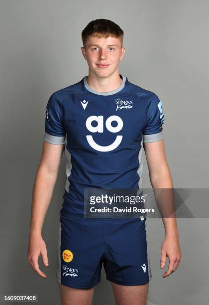 Tom Burrow of Sale Sharks poses for a portrait during the squad photocall for the 2023-2024 Gallagher Premiership Rugby season at Carrington Training...