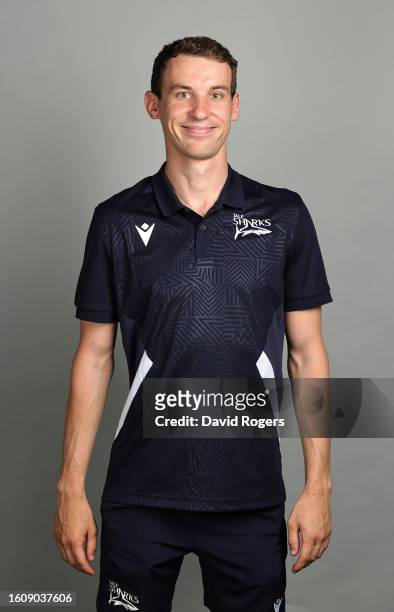 Josh Walker, a Sale Sharks analyst poses for a portrait during the squad photocall for the 2023-2024 Gallagher Premiership Rugby season at Carrington...