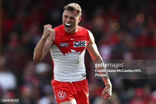 Will Hayward of the Swans celebrates kicking a goal during the round 22 AFL match between Sydney Swans and Gold Coast Suns at Sydney Cricket Ground...