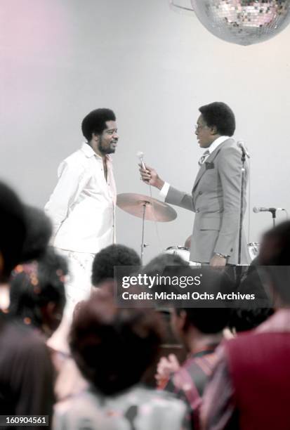 Jazz and funk trumpeter Donald Byrd chats with host Don Cornelius on the TV show 'Soul Train' circa 1977 in Los Angeles, California.