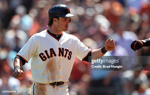 Ryan Theriot of the San Francisco Giants celebrates with his teammates after scoring a run against the Colorado Rockies on Saturday, August 11, 2012...