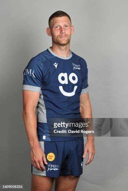 Rob du Preez of Sale Sharks poses for a portrait during the squad photocall for the 2023-2024 Gallagher Premiership Rugby season at Carrington...