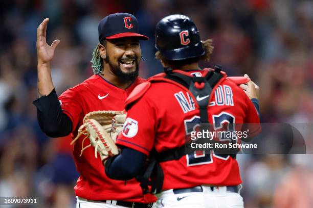 Emmanuel Clase and Bo Naylor of the Cleveland Guardians celebrate their team's 4-1 win against the Detroit Tigers in game two of a doubleheader at...
