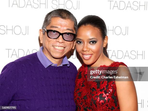 Fashion designer Tadashi Shoji and Angela Simmons pose backstage at the Tadashi Shoji Fall 2013 Mercedes-Benz Fashion Show at The Stage at Lincoln...