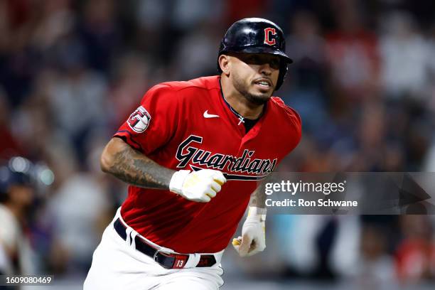 Gabriel Arias of the Cleveland Guardians runs out an RBI single off Jose Cisnero of the Detroit Tigers during the eighth inning of game two of a...