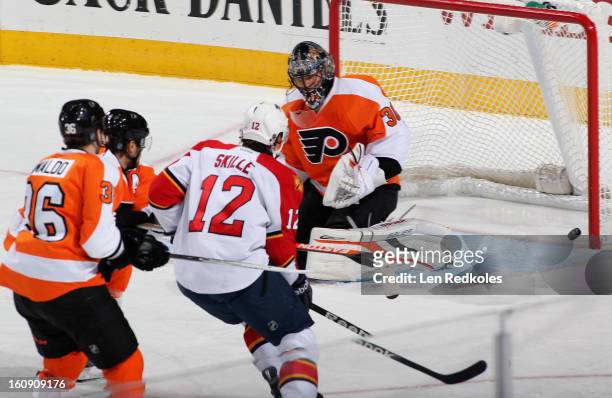 Jack Skille of the Florida Panthers scores a first-period goal against Ilya Bryzgalov of the Philadelphia Flyers on February 7, 2013 at the Wells...