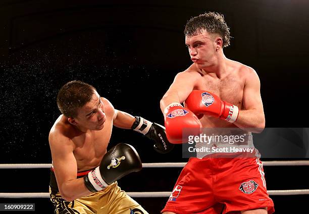 Fred Evans of British Lionhearts in action with Miras Bairkhanov of Astana Arlans Kazakhstan during their 91KG+ bout during the World Series of...