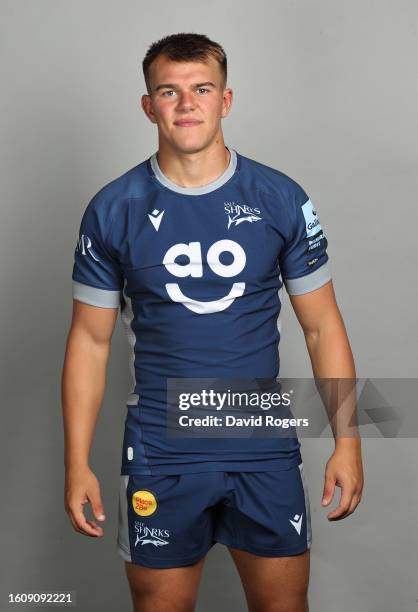 Joe Carpenter of Sale Sharks poses for a portrait during the squad photocall for the 2023-2024 Gallagher Premiership Rugby season at Carrington...