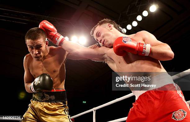 Fred Evans of British Lionhearts in action with Miras Bairkhanov of Astana Arlans Kazakhstan during their 91KG+ bout during the World Series of...