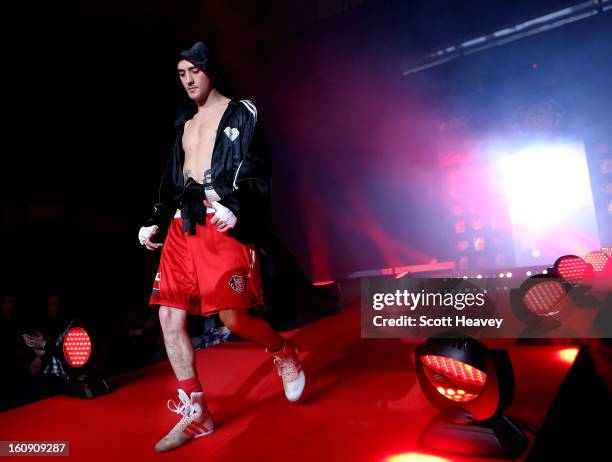 Andrew Selby of British Lionhearts enters the ring prior to his 50-54KG bout with Meirbolat Toitov of Astana Arlans Kazakhstan during their 50-54KG...