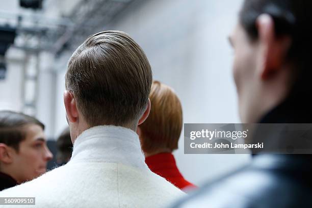 Models prepare backstage at Duckie Brown during Fall 2013 Mercedes-Benz Fashion Week at Industria Superstudio on February 7, 2013 in New York City.