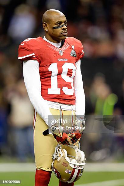 Ted Ginn of the San Francisco 49ers looks on against the Baltimore Ravens during Super Bowl XLVII at the Mercedes-Benz Superdome on February 3, 2013...