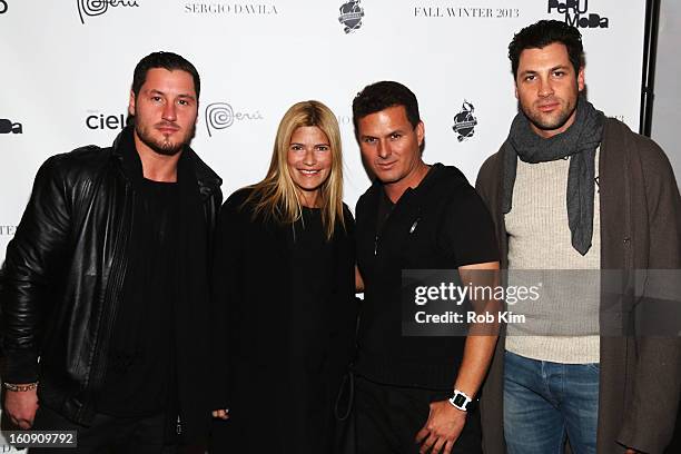 Valentin Chmerkovskiy, Lizzie Grubman, Designer Sergio Davila, and Maksim Chmerkovskiy pose backstage at the Sergio Davila Fall 2013 fashion show...