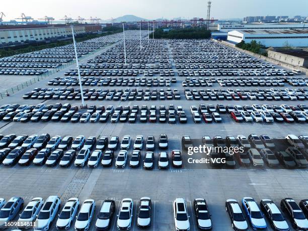 Chery Automobile Co. Vehicles wait for shipment at a port on August 11, 2023 in Wuhu, Anhui Province of China.