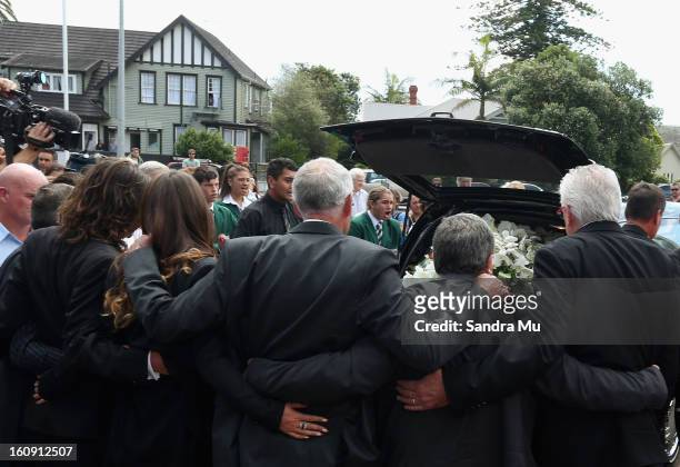 Millie Elder-Holmes, Reuben Holmes and family farewell Sir Paul Holmes at Auckland Cathedral of the Holy Trinity in Parnell on February 8, 2013 in...