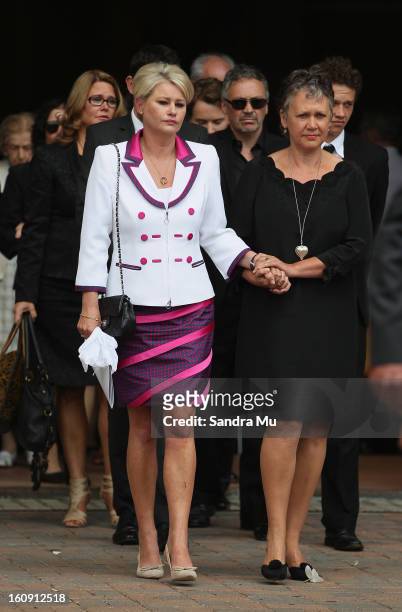 Deborah Holmes, wife of Sir Paul Holmes walks out of the service at Auckland Cathedral of the Holy Trinity in Parnell on February 8, 2013 in...