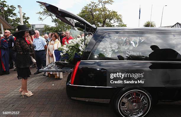 Mourner says her farewell at Auckland Cathedral of the Holy Trinity in Parnell on February 8, 2013 in Auckland, New Zealand. Hundreds gathered to pay...