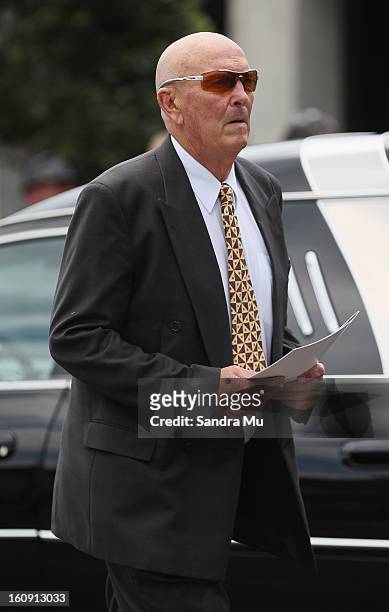 Murray Deaker arrives at Auckland Cathedral of the Holy Trinity in Parnell on February 8, 2013 in Auckland, New Zealand. Hundreds gathered to pay...