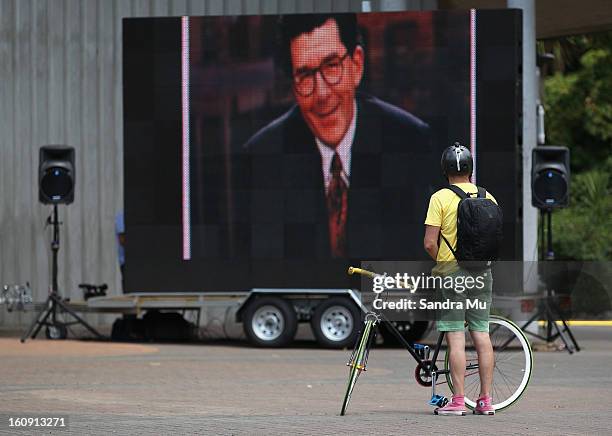 Public gather to watch the live screening outside Auckland Cathedral of the Holy Trinity in Parnell on February 8, 2013 in Auckland, New Zealand....