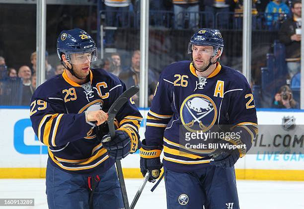 Jason Pominville and Thomas Vanek of the Buffalo Sabres celebrate a goal against the Florida Panthers on February 3, 2013 at the First Niagara Center...