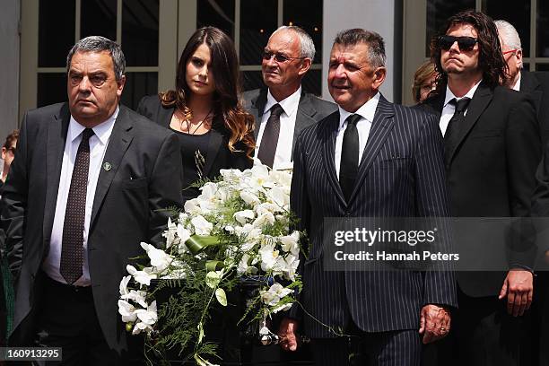 The coffin of Sir Paul Holmes is carried out at Auckland Cathedral of the Holy Trinity in Parnell on February 8, 2013 in Auckland, New Zealand....