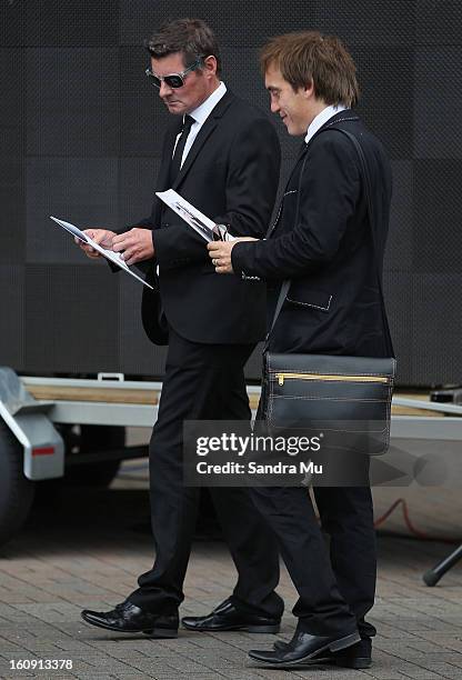 Paul Ellis and Jason Gunn arrive at Auckland Cathedral of the Holy Trinity in Parnell on February 8, 2013 in Auckland, New Zealand. Hundreds gathered...