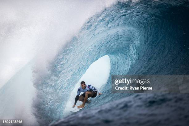 Callum Robson of Australia surfs in their Opening Round Heat during day one of the SHISEIDO Tahiti Pro on August 11, 2023 in Teahupo'o, French...