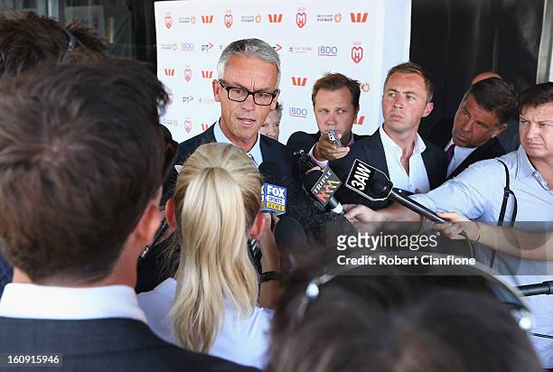 Football Federation Australia CEO David Gallop speaks to the media during an A-League press conference at The Peninsula on February 8, 2013 in...