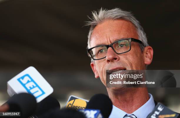 Football Federation Australia CEO David Gallop speaks to the media during an A-League press conference at The Peninsula on February 8, 2013 in...